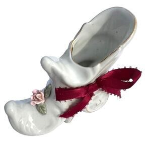 Vintage Victorian Hand Painted Porcelain Shoe Figurine White Decor Collectible